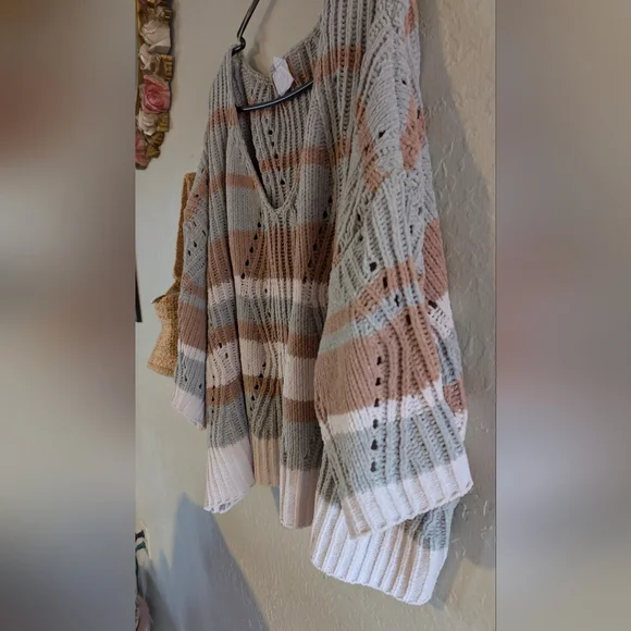 POL V-Neck Striped Sweater -Desert Sage Camel& Cream Cozy Soft Dropped Shoulder - Picture 7 of 13